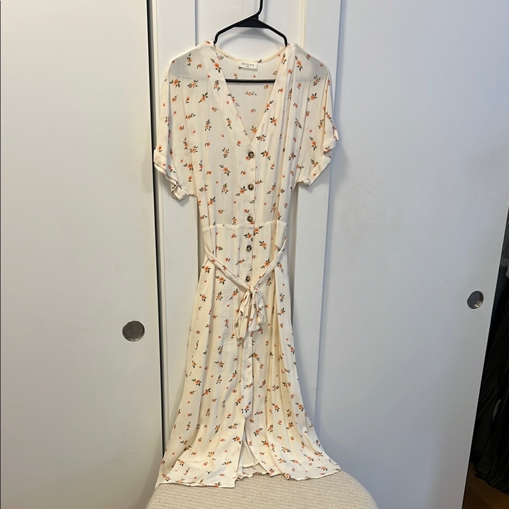 Sophie Rue Cream Midi Dress Wrap Tie Front Flutter Sleeves